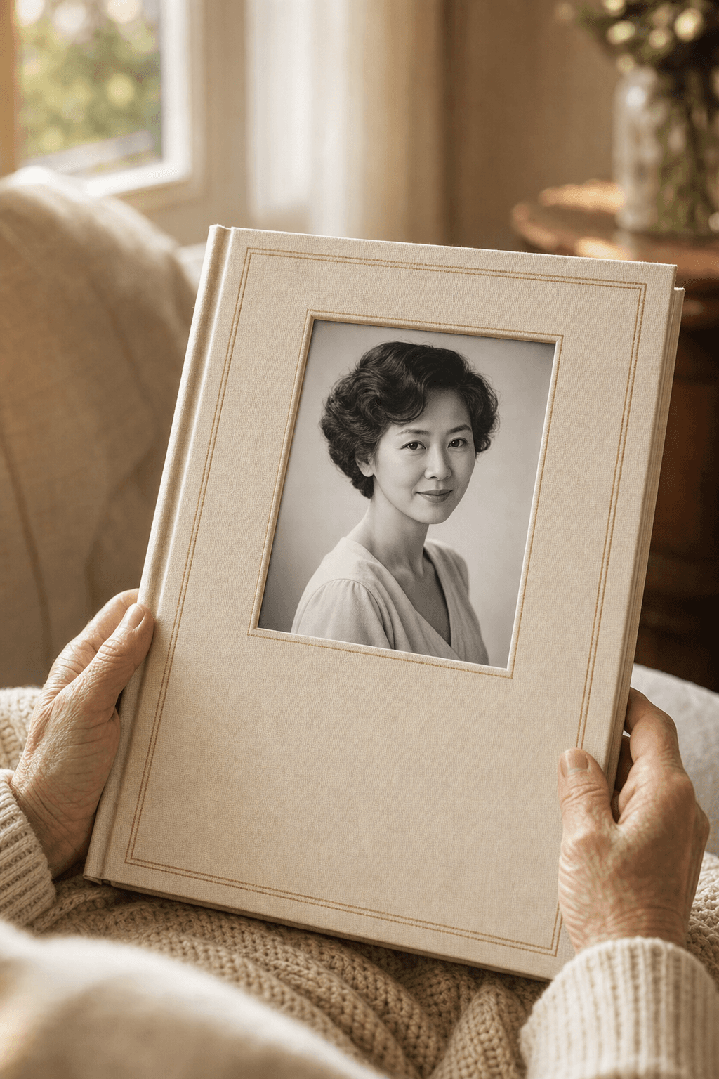 어머니의 젊은 시절 사진이 담긴 메모리얼 책을 든 손